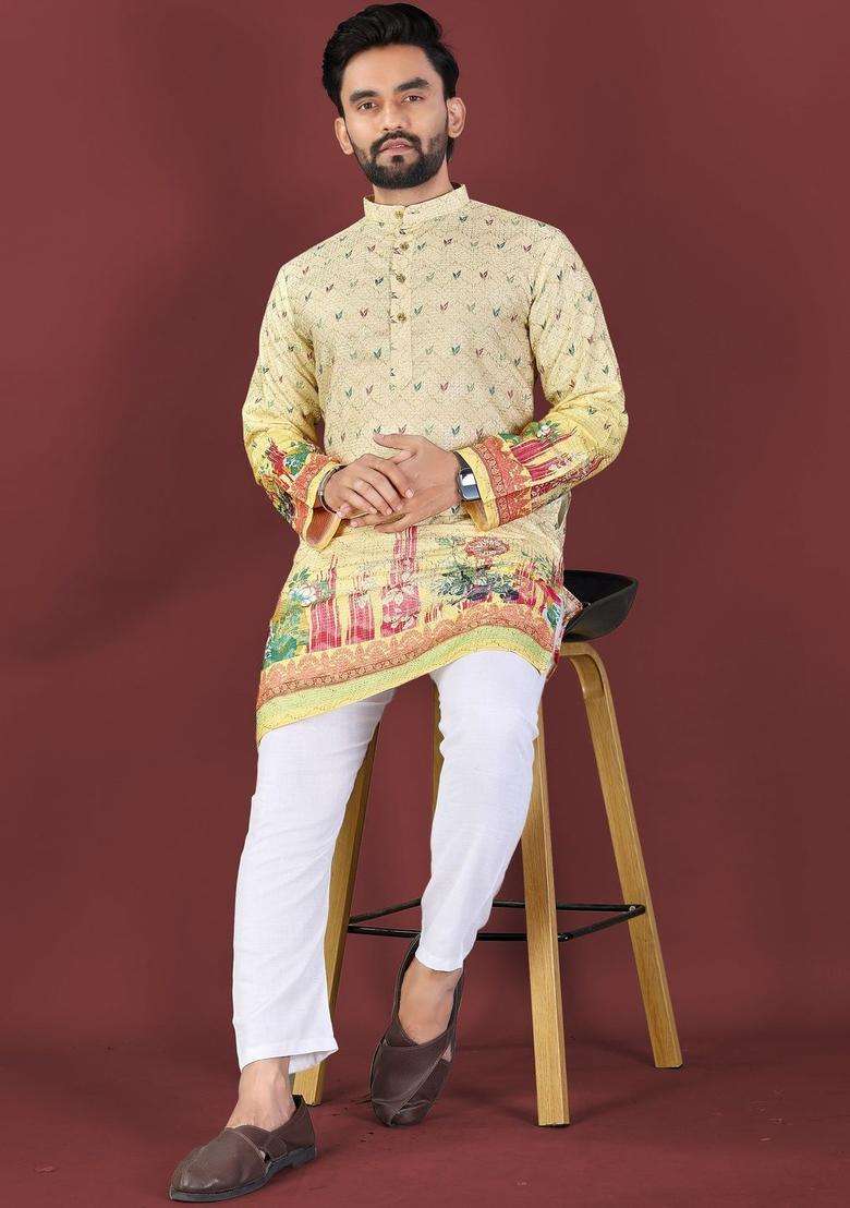 Yellow Printed Viscose Kurta Set For Men - Indya