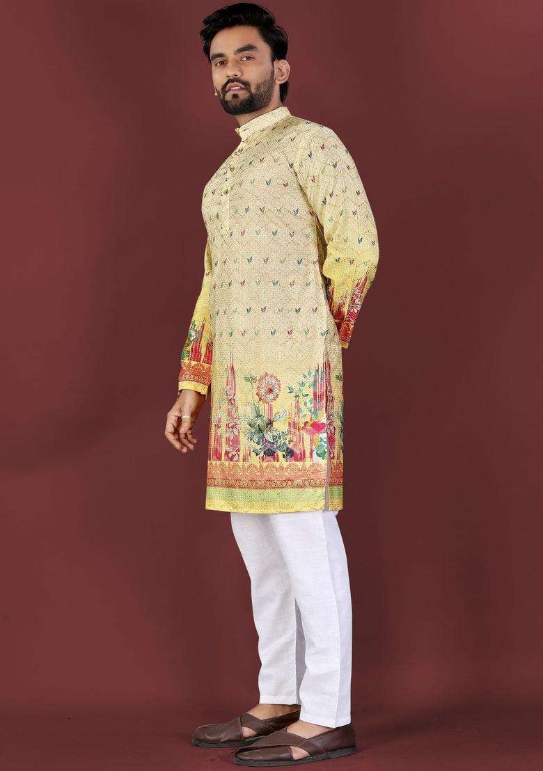 Yellow Printed Viscose Kurta Set For Men - Indya