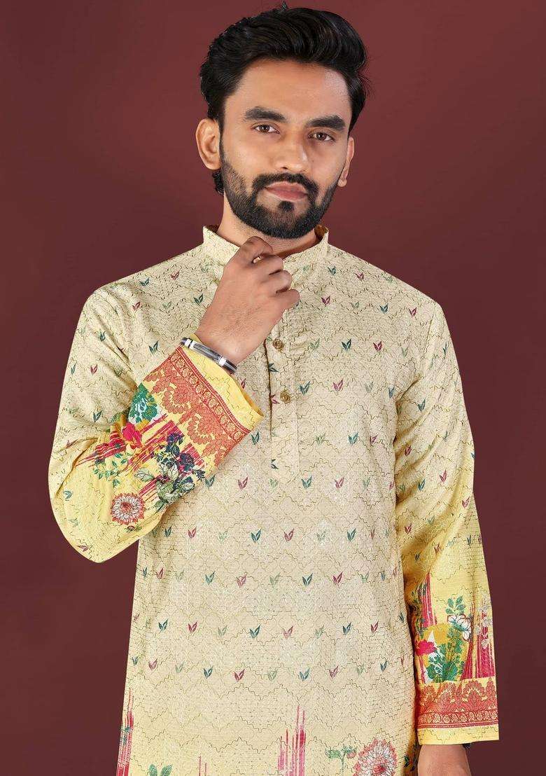 Yellow Printed Viscose Kurta Set For Men - Indya