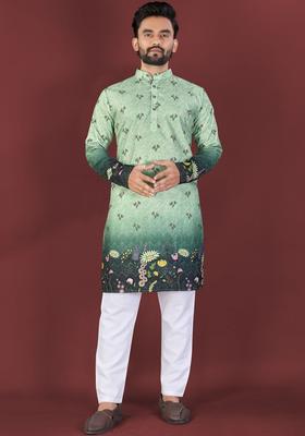 Green Printed Viscose Kurta Set For Men