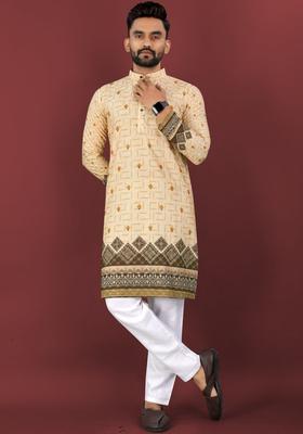 Yellow Printed Viscose Kurta Set For Men