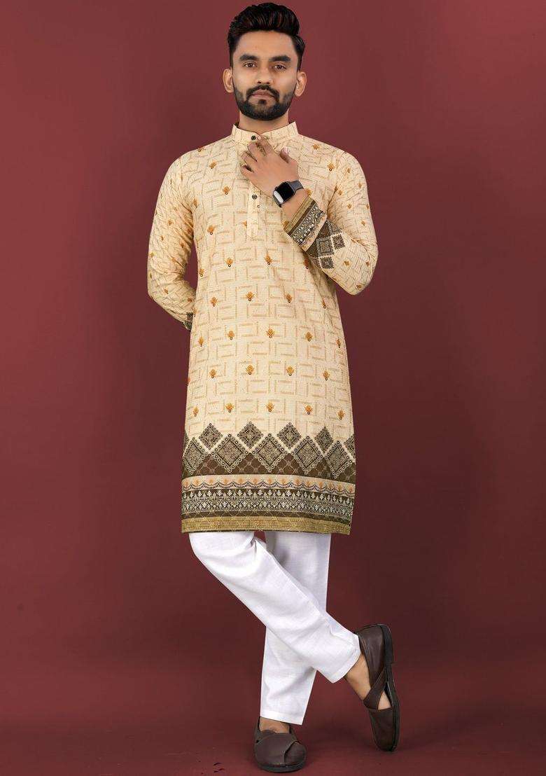Yellow Printed Viscose Kurta Set For Men - Indya