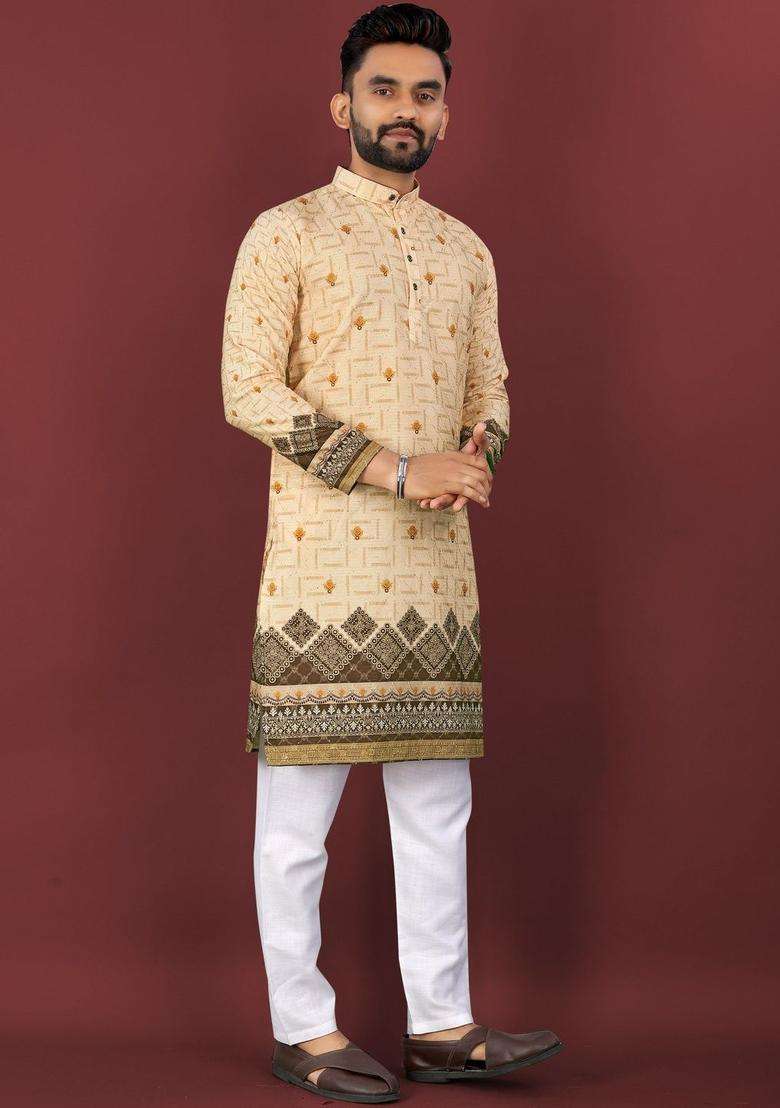 Yellow Printed Viscose Kurta Set For Men - Indya