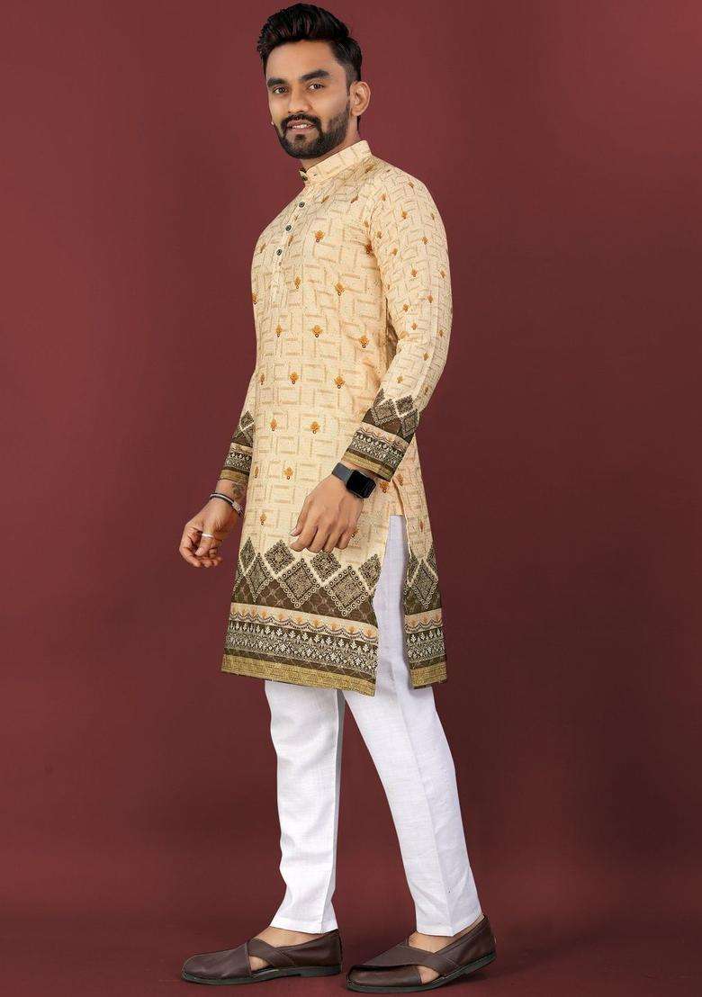 Yellow Printed Viscose Kurta Set For Men - Indya