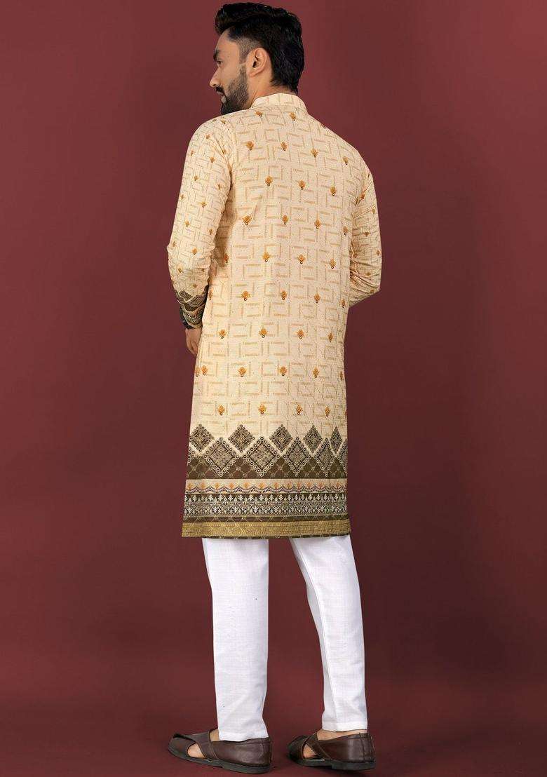 Yellow Printed Viscose Kurta Set For Men - Indya
