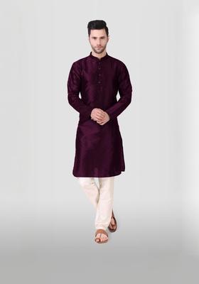 Purple Embroidered Silk Kurta Set For Men