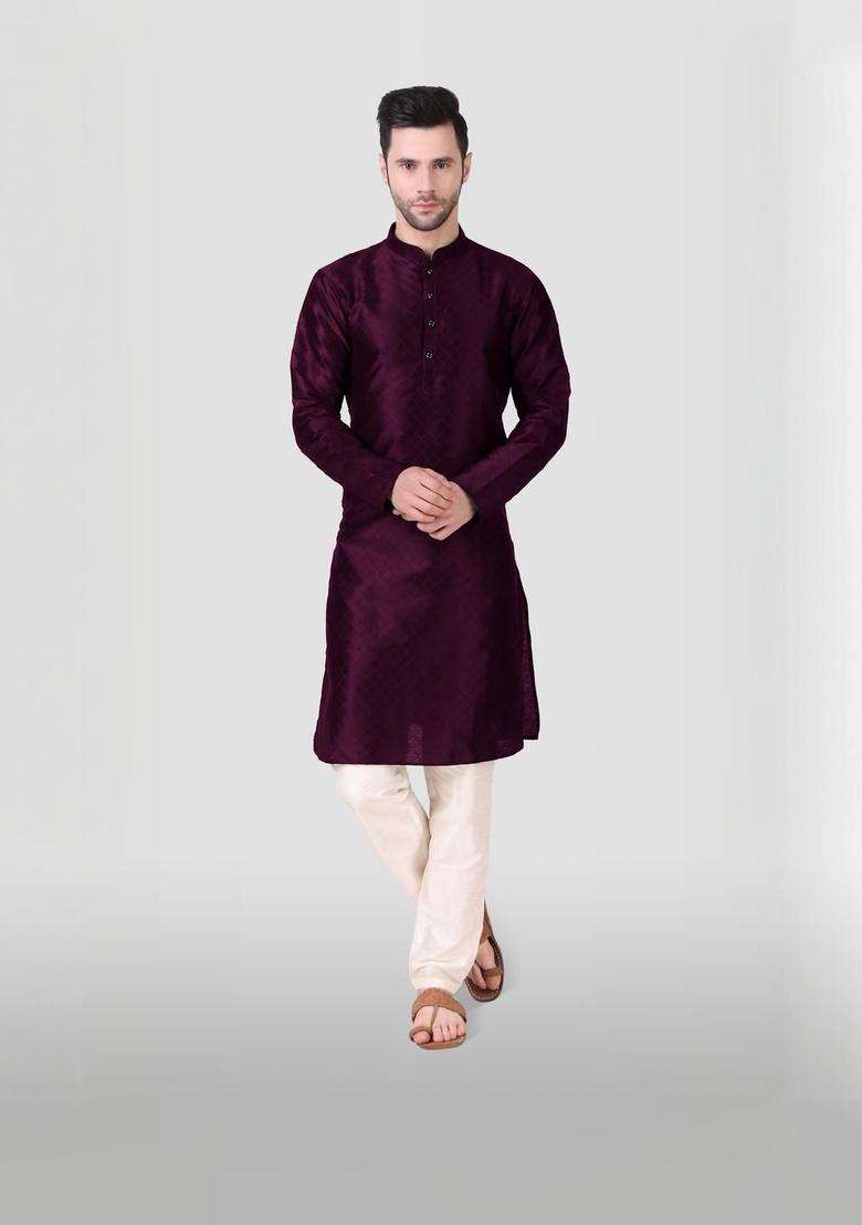 Purple Embroidered Silk Blend Kurta Set For Men - Indya
