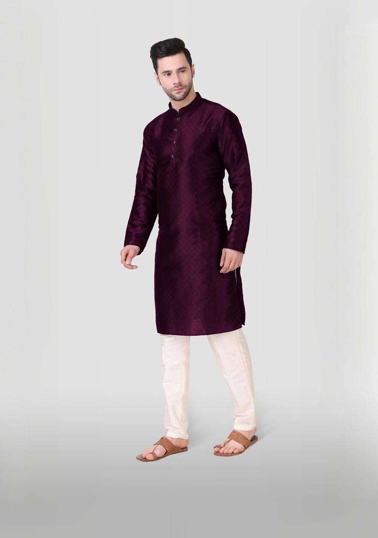 Purple Embroidered Silk Blend Kurta Set For Men - Indya