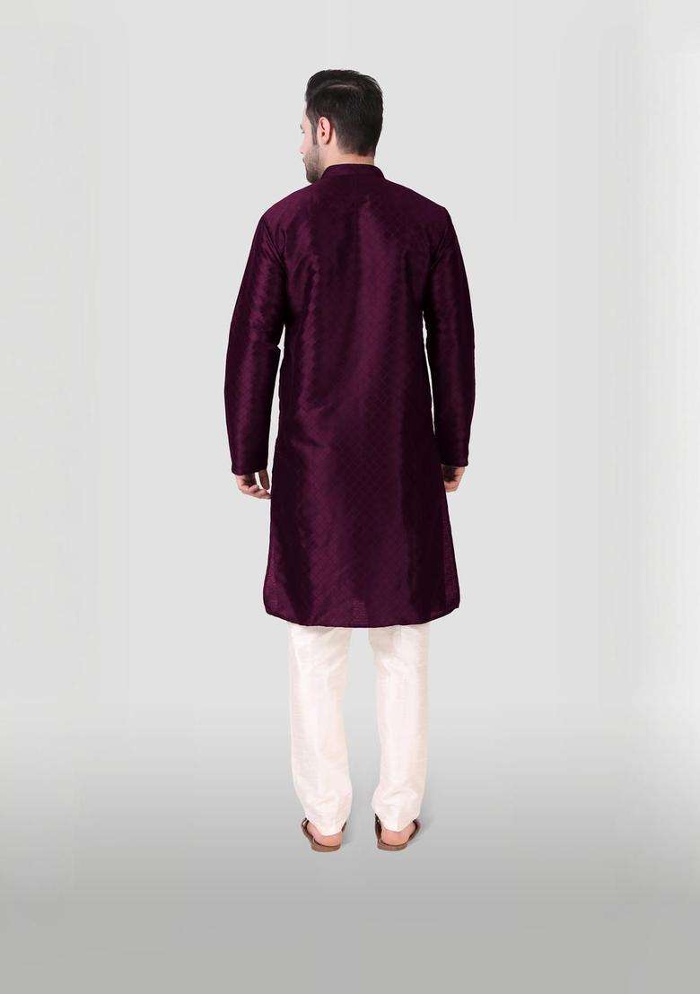 Purple Embroidered Silk Blend Kurta Set For Men - Indya
