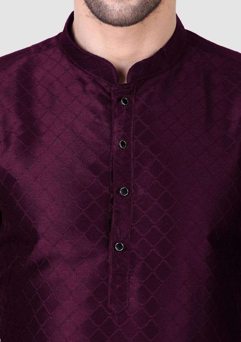 Purple Embroidered Silk Blend Kurta Set For Men - Indya