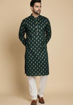 Green Printed Viscose Kurta Set For Men
