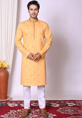 Peach Embroidered Cotton Kurta Set For Men