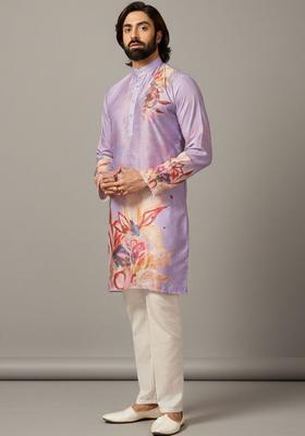 Lavender Printed Cotton Kurta Set For Men