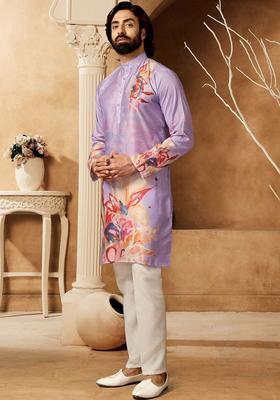 Lavender Printed Cotton Kurta Set For Men