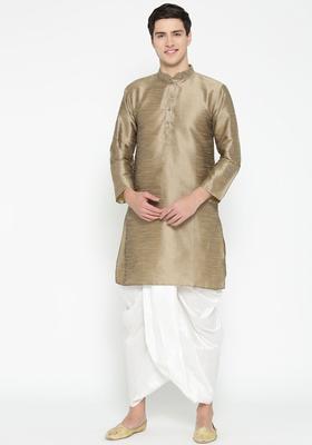 Beige Solid Silk Kurta Set For Men