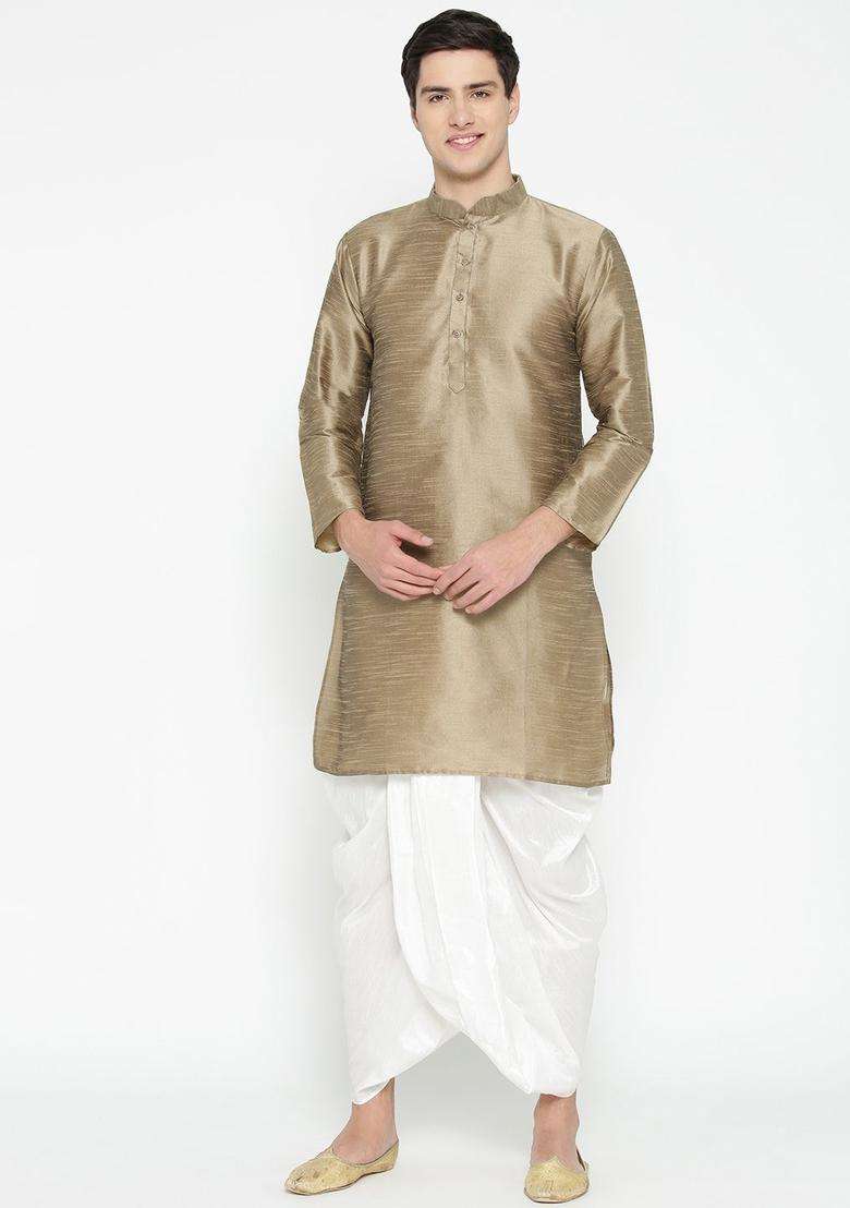Beige Solid Silk Blend Kurta Set For Men - Indya