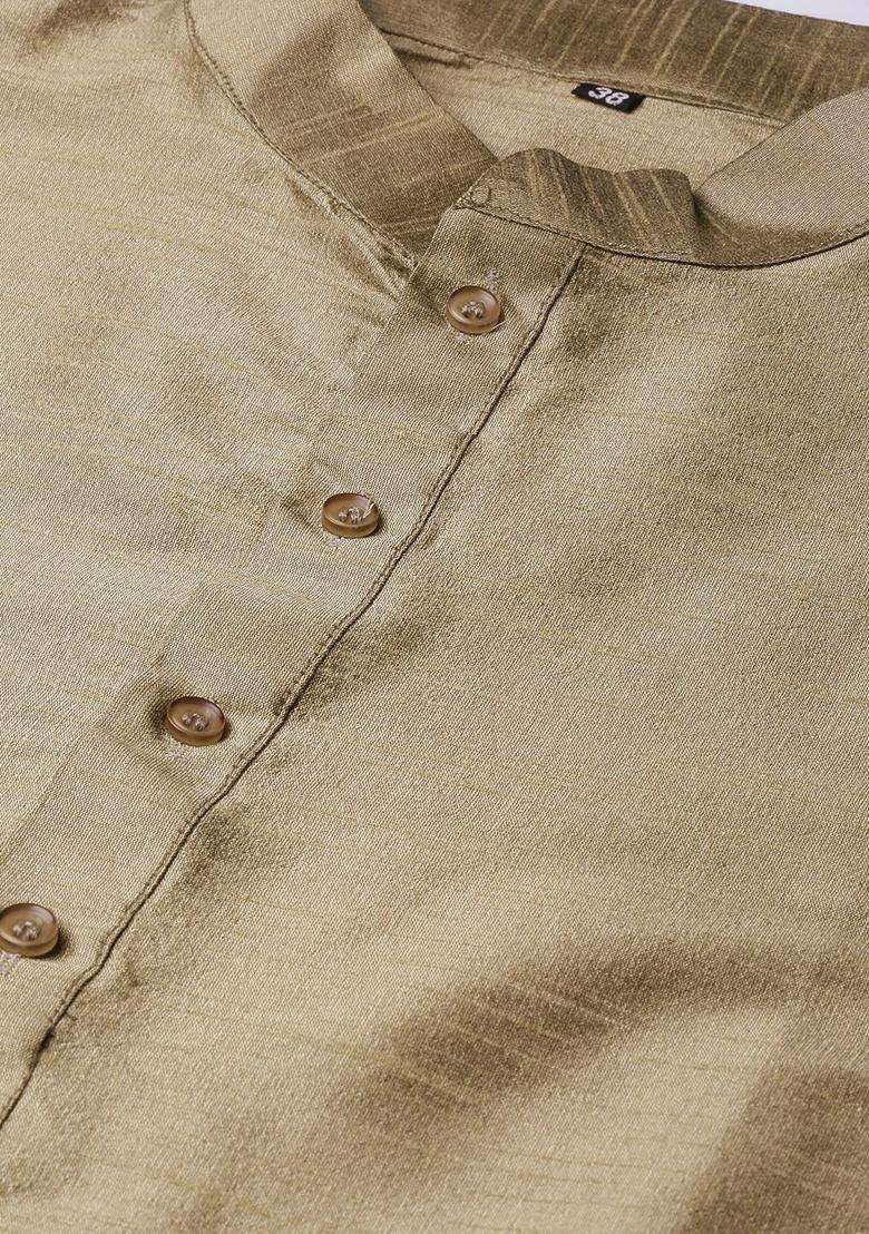 Beige Solid Silk Blend Kurta Set For Men - Indya