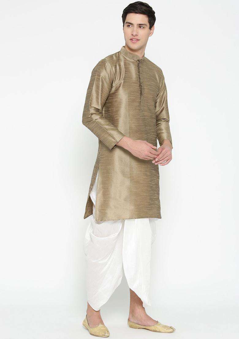 Beige Solid Silk Blend Kurta Set For Men - Indya