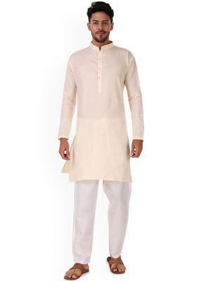 Beige Solid Cotton Kurta Set For Men