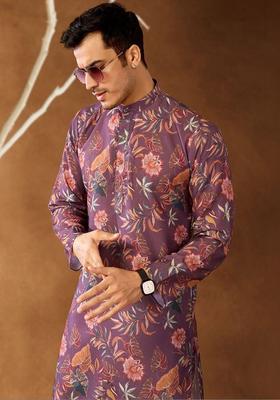 Purple Printed Cotton Kurta Set For Men