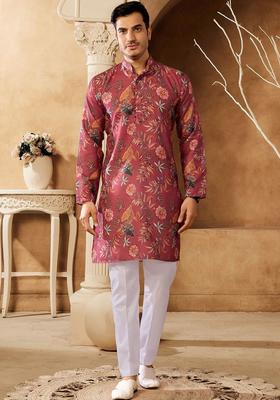 Pink Printed Cotton Kurta Set For Men