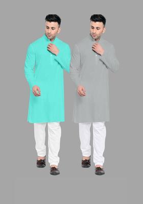 Grey Solid Cotton Kurta Set For Men