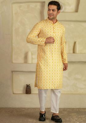 Yellow Printed Viscose Kurta Set For Men