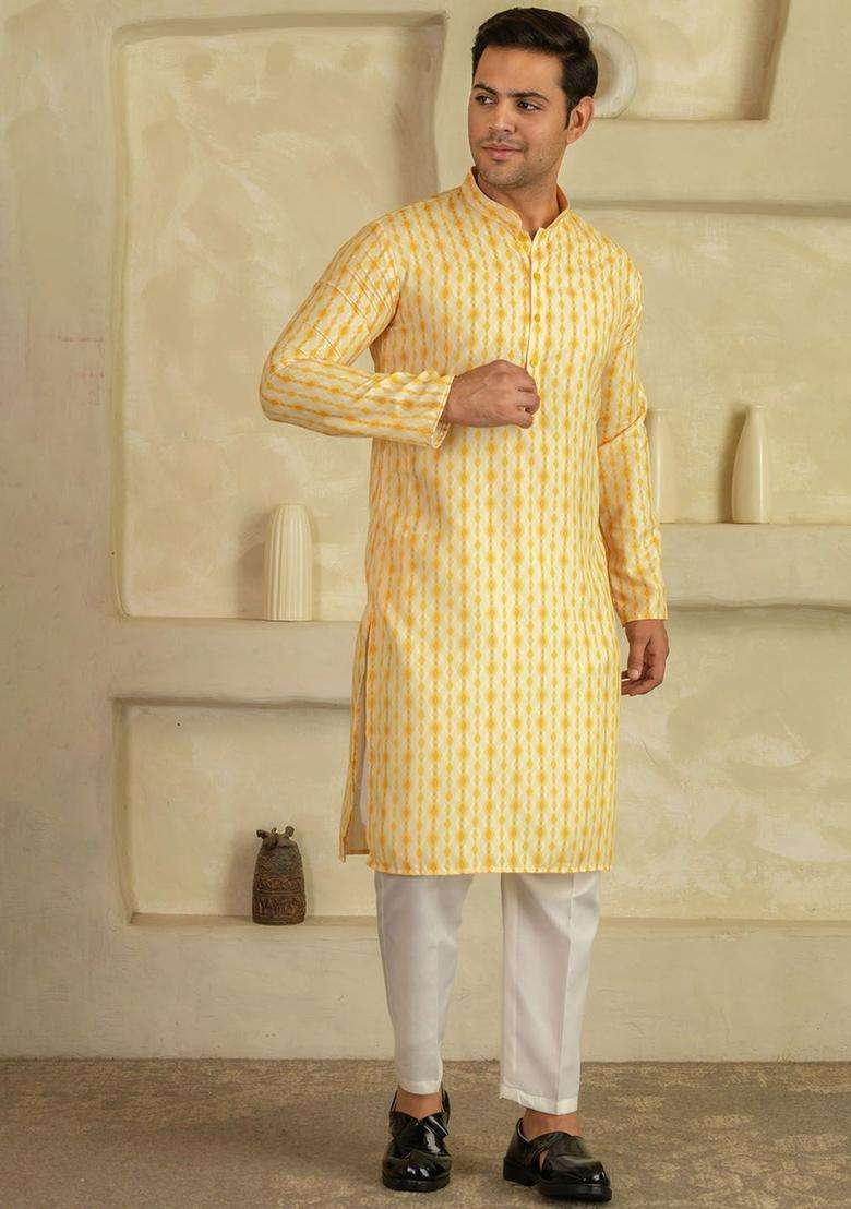 Yellow Printed Viscose Kurta Set For Men - Indya