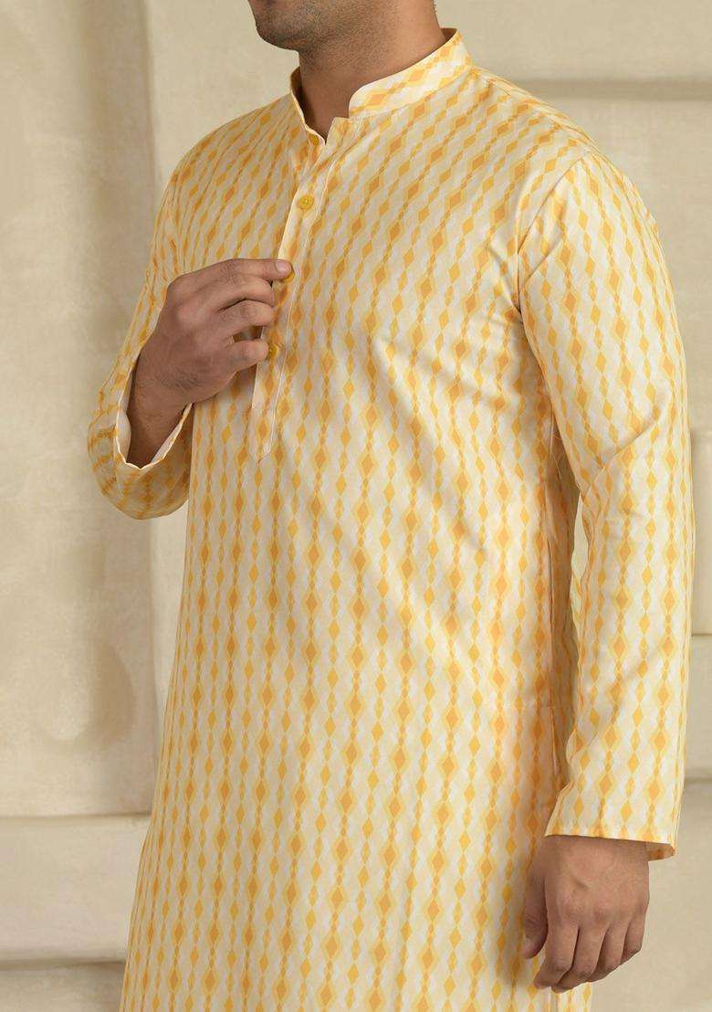 Yellow Printed Viscose Kurta Set For Men - Indya