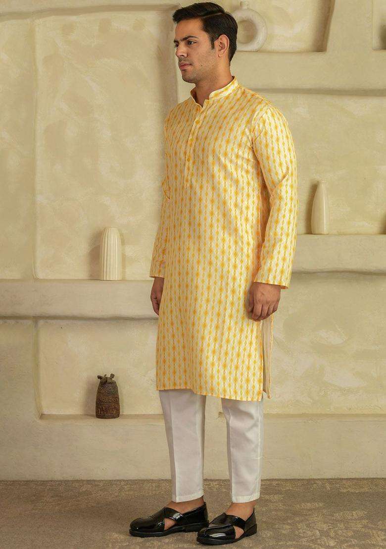 Yellow Printed Viscose Kurta Set For Men - Indya