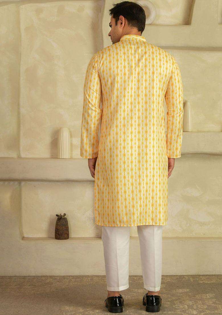 Yellow Printed Viscose Kurta Set For Men - Indya