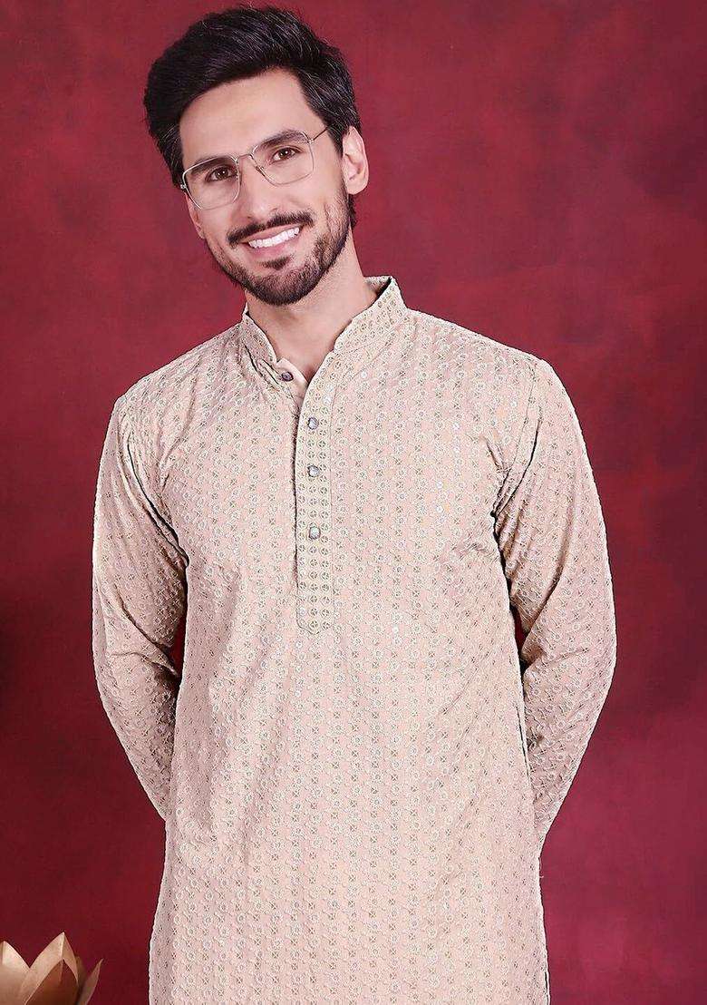 Beige Embroidered Viscose Kurta Set For Men - Indya