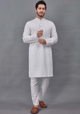 White Embroidered Viscose Kurta Set For Men