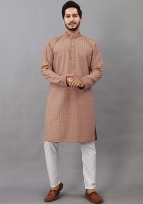 Brown Self Design Viscose Kurta Set For Men