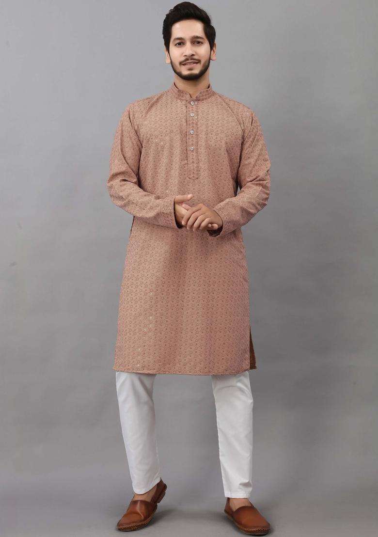 Brown Self Design Viscose Kurta Set For Men - Indya