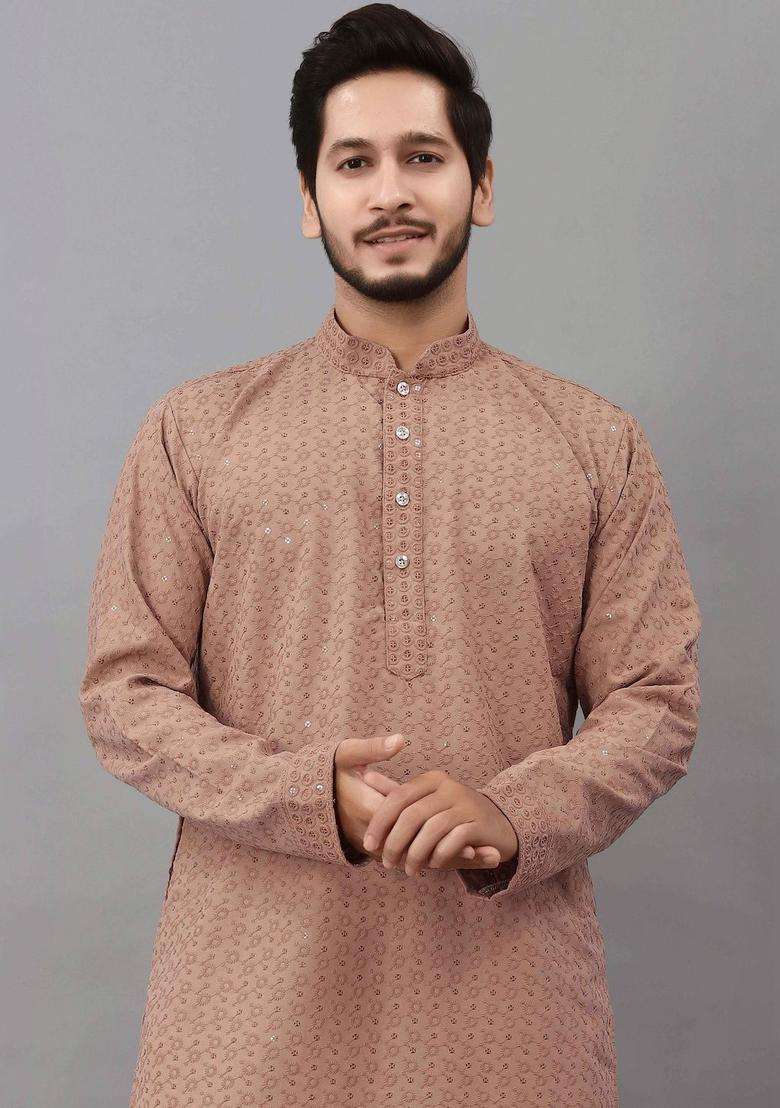Brown Self Design Viscose Kurta Set For Men - Indya
