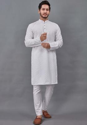 White Embroidered Viscose Kurta Set For Men