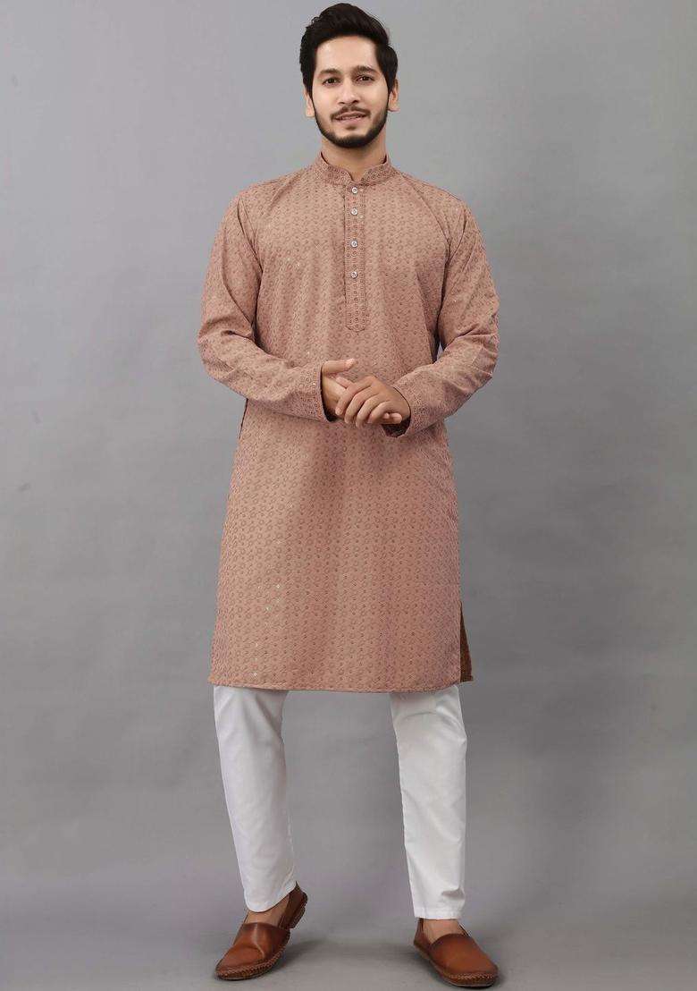 Brown Self Design Viscose Kurta Set For Men - Indya