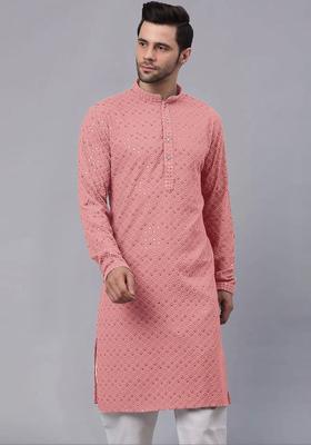 Peach Embroidered Viscose Kurta Set For Men