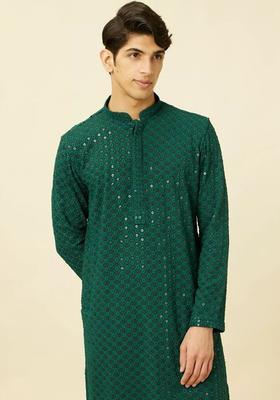 Green Self Design Viscose Kurta Set For Men