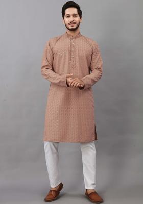 Brown Self Design Viscose Kurta Set For Men
