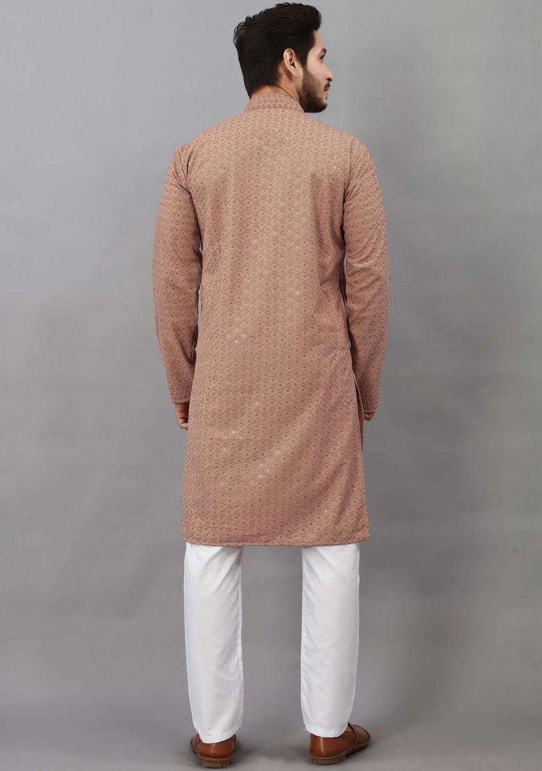 Brown Self Design Viscose Kurta Set For Men - Indya
