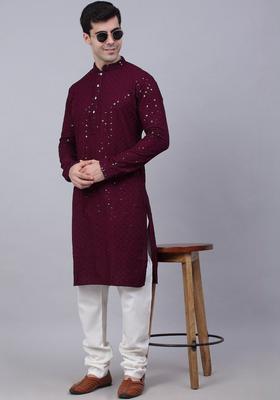 Maroon Embroidered Viscose Kurta Set For Men