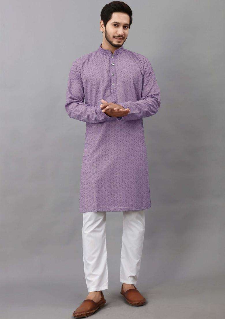 Purple Self Design Viscose Kurta Set For Men - Indya