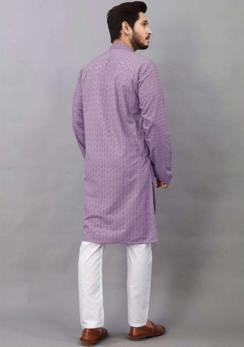 Purple Self Design Viscose Kurta Set For Men - Indya