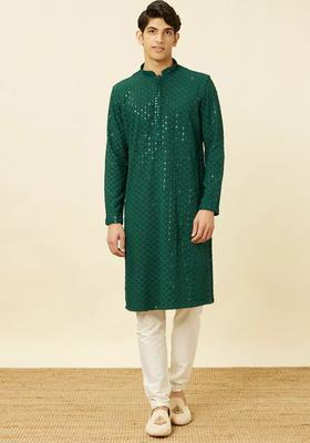 Green Embroidered Viscose Kurta Set For Men