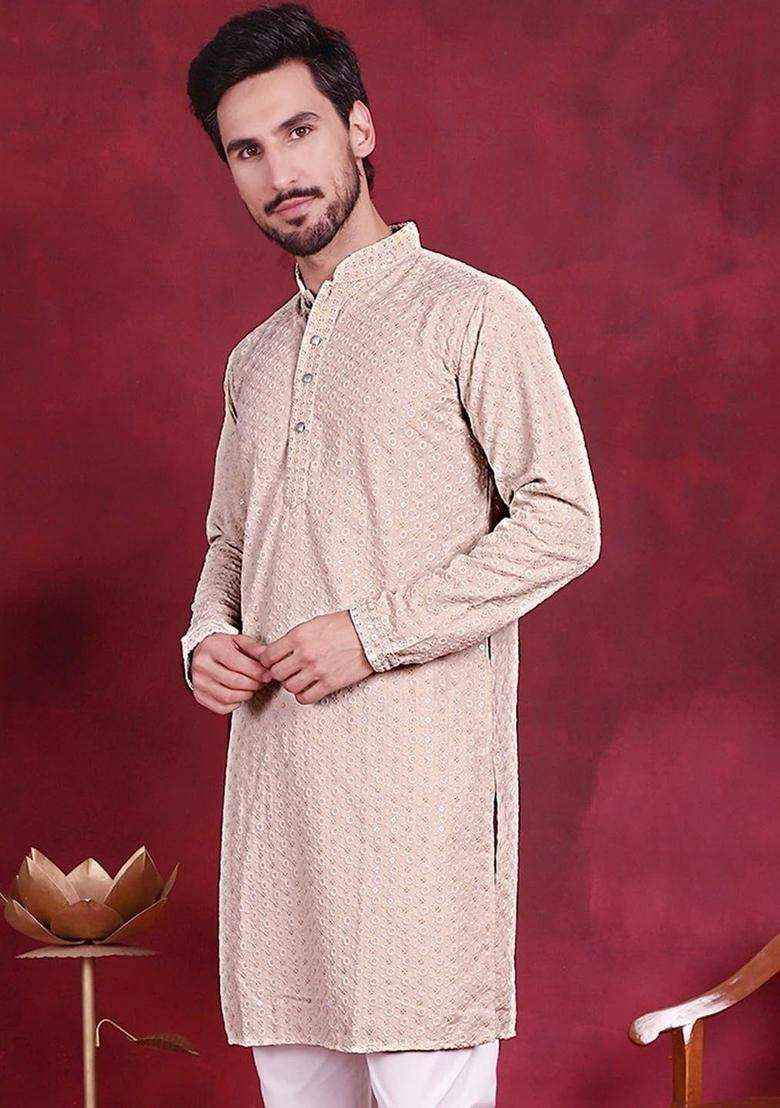 Beige Embroidered Viscose Kurta Set For Men - Indya