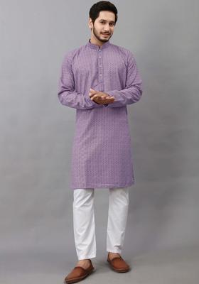 Lavender Self Design Viscose Kurta Set For Men