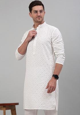 White Embroidered Viscose Kurta Set For Men