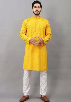 Yellow Embroidered Viscose Kurta Set For Men